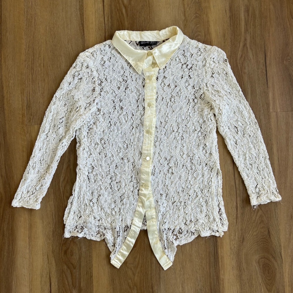 Paris Vintage Lace Button Down Blouse Cream Satin Trim Medium‎ coquette preppy